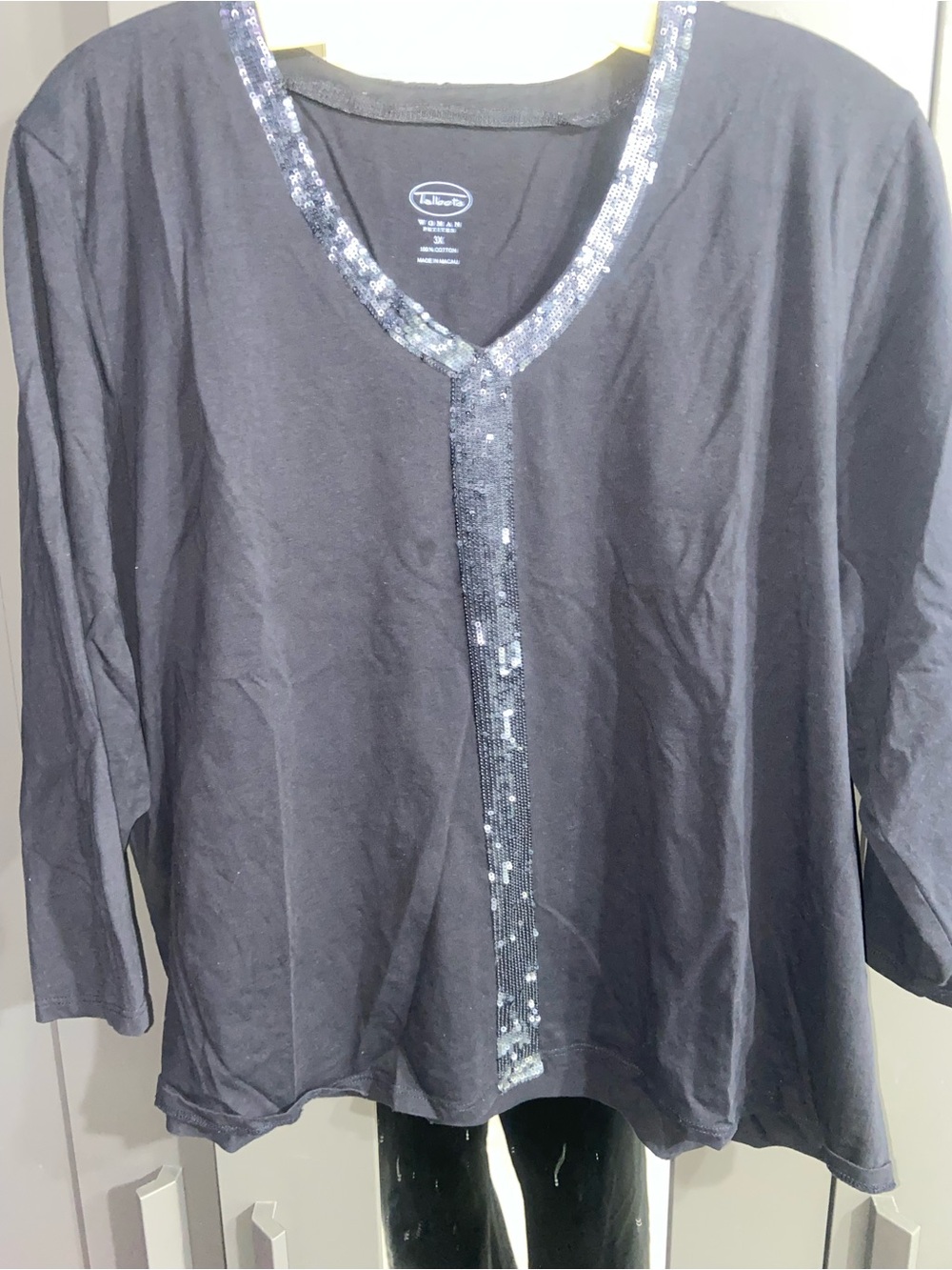 Talbots Blue Long-Sleeve V-Neck Top with Sequin Trim